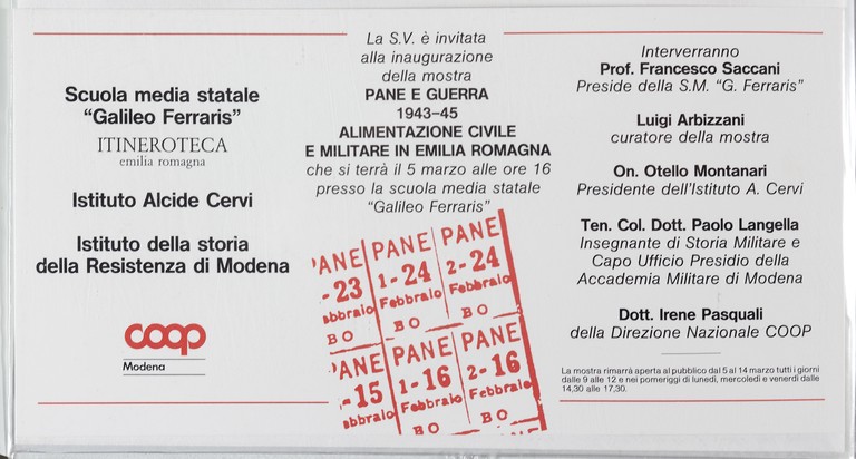 Biglietto d'invito all'inaugurazione della mostra "Pane e Guerra 1935-1945 Alimentazione civile e militare in Emilia Romagna", Modena 5 marzo 1987